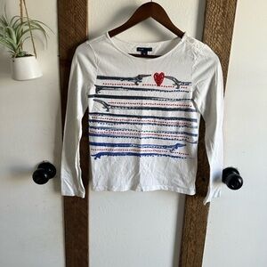 Gap Girls Long Sleeve Cotton Shirt Dachshund Dogs Heart Sequins Paris Type Artsy